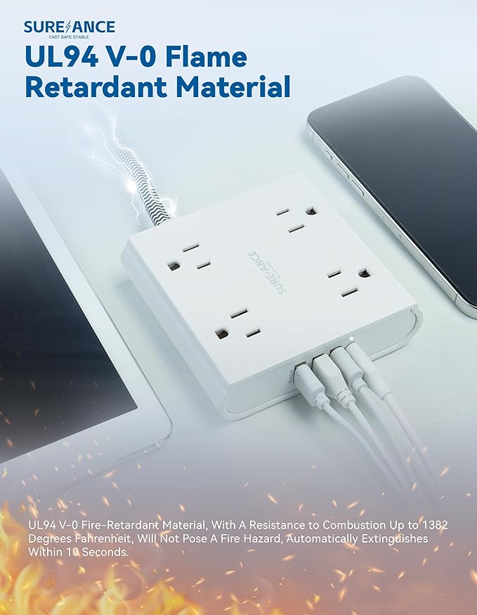 4-Outlet Power Strip with USB C-SUREANCE Surge Protector, 4 USB Ports, 1050J, 5FT Extension Cord, Flat Plug, Wall Mountable, ETL Listed - Desktop Charging Station for Home, Office, Dorm Essentials