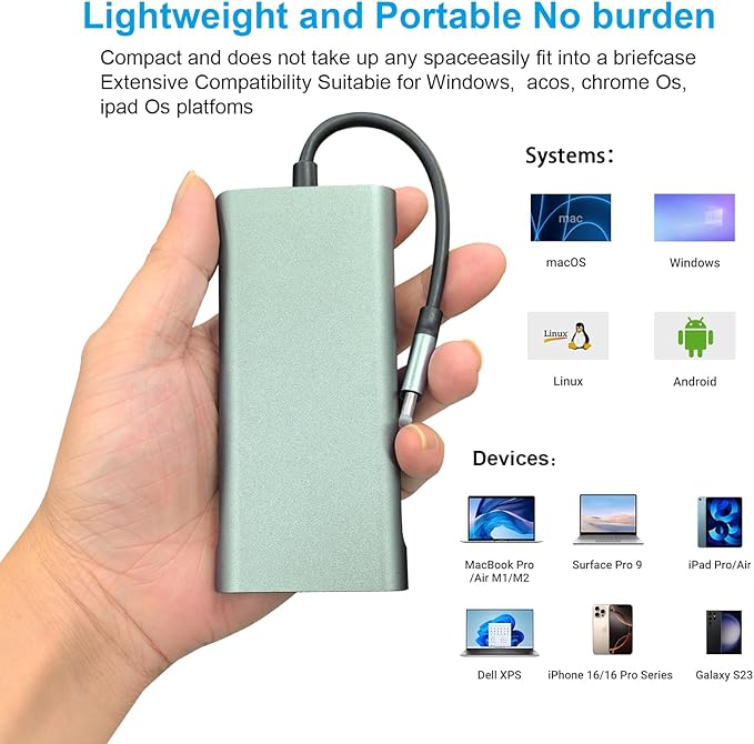 USB C Hub 11-in-1 Docking Station, Type-C Multiport Adapter with 4K HDMI, VGA, 100W PD, USB 3.0, RJ45 Ethernet, SD/TF Card Reader, AUX, Compatible with MacBook Pro/Air, Chromebook, Laptops