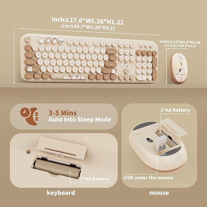 Wireless Keyboard and Mouse Combo, 2.4GHZ Typewriter Retro Full Size Keyboards, Cute Colorful Computer Keyboard and Wireless Mouse for Laptop/Desktop/Windows/PC (Milk Tea Colorful)