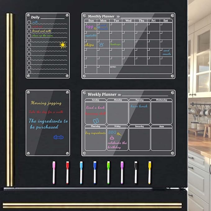 4Pcs Magnetic Calendar for Refrigerator, Clear Magnetic Dry Erase Fridge Calendar, Daily, Weekly, Monthly Planners & Whiteboard Calendar, w/ 2 Packs of 8 Markers