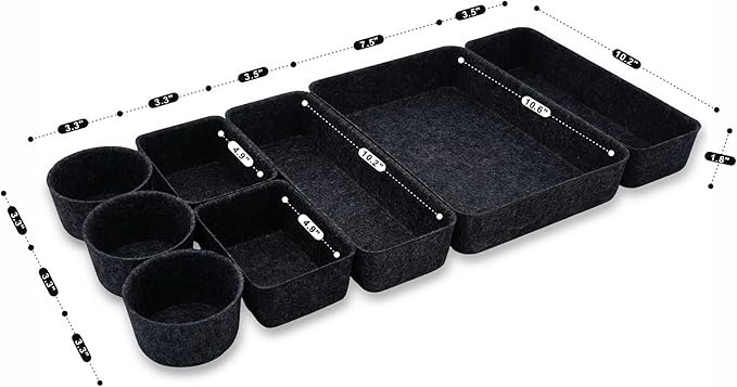 Welaxy office desk drawer organizer tray felt Storage Bin for pens Jewelry makeup decluttering sleek minimalist living 8-piece(Carbon)