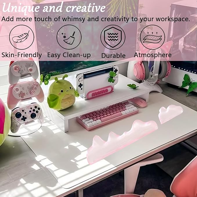Acrylic Computer Keyboard Stand with Gel Mountain Wrist Rest Keyboard Riser with Comfortable Clear Silicone Mouse Wrist Pad Ergonomic Tilted Transparent Keyboard Holder for Desktop Office Hot Pink