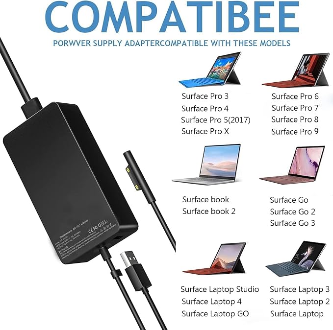 65W Surface Pro Laptop Charger for Microsoft Surface Pro 10/9/8/7/6/5/4/3/X, Windows Surface Laptop 6/5/4/3/2/1, Surface Book 3/2/1, Microsoft Surface Go 3/2/1, Surface Charger Supports 44W 36W