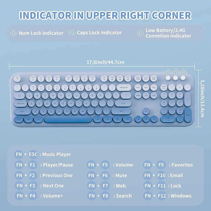 Wireless Keyboard and Mouse Combo, 2.4GHZ Typewriter Retro Full Size Keyboards, Cute Colorful Computer Keyboard and Wireless Mouse for Laptop/Desktop/Windows/PC (Blue Gradient)