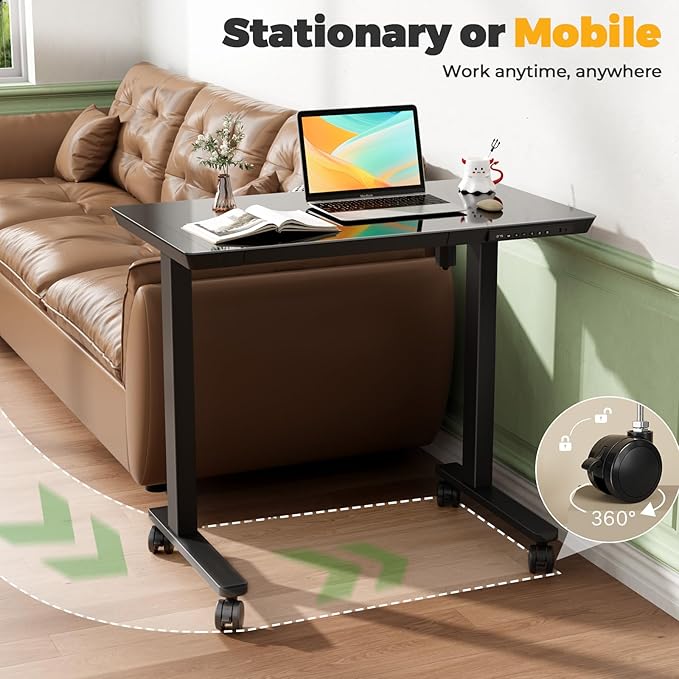 Glass Small Standing Desk with Drawer, 35" x 20" Whole Piece Tabletop Electric Sit Stand Table, Height Adjustable Workstation with Storage & USB Ports, Quick Install Home Office Desk