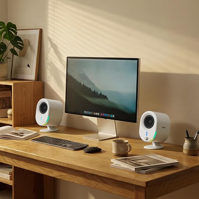 Bluetooth PC Gaming Speakers, 2 * 15W 2.0CH Stereo with 3 EQ & 6 RGB Modes, AC Powered Desktop Speakers with Aux/USB/Headphone Port for Laptop/TV, White