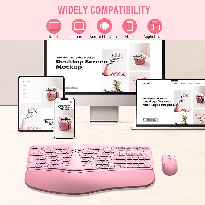 MK960 Ergonomic Wireless Keyboard Mouse Combo, Bluetooth/2.4G Split Design Keyboard with Palm Rest and 4 Level DPI Adjustable Wireless Mouse Multi-Device, Rechargeable, for Windows/Mac/Android(Pink)