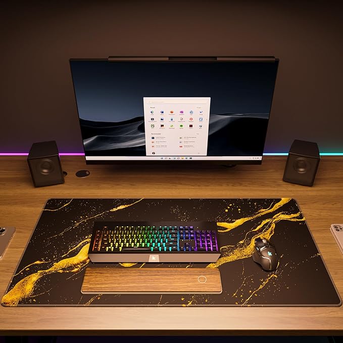 KTRIO Large Gaming Mouse Pad Desk Mat, Superior Micro-Weave Cloth, Non-Slip Rubber Base, Stitched Edges, Water-Resistant, for Gamer, Office & Home, 31.5 x 15.7 Inch, Black Gold