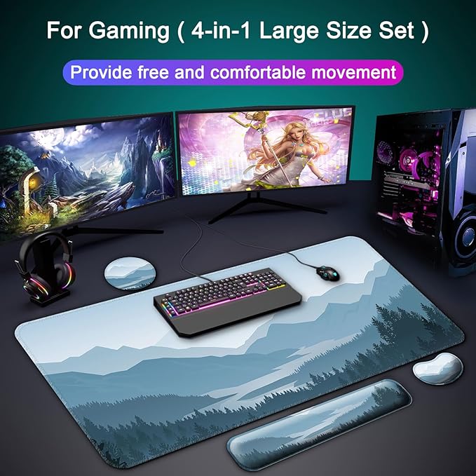 Keyboard Wrist Rest + Mouse Pad with Wrist Support + Desk Mat + Coaster 4 in 1 Set, XXL Large Gaming Mousepad Cute Ergonomic Mouse Pads for Desk Computer Laptop Office Decor-Vector Forest