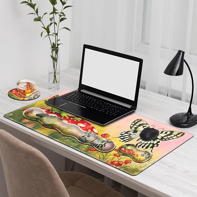 Gaming Mouse Pad Set, Frog Mushroom Large Desk Mat Mousepad, Keyboard Wrist Support, Mouse Wrist Rest, Coaster 4in1 Ergonomic Memory Foam, Non-Slip Stitched Edge for Home Office