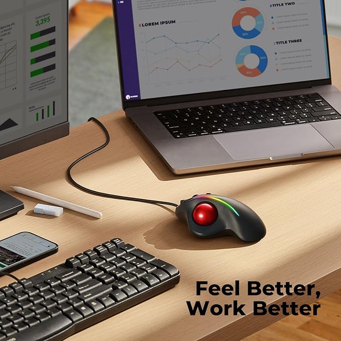 Wired Trackball Mouse with RGB Lighting, Ergonomic Thumb Control to Reduce Muscle Strain, 5 Adjustable DPI, Dual USB-C & USB-A Connectivity