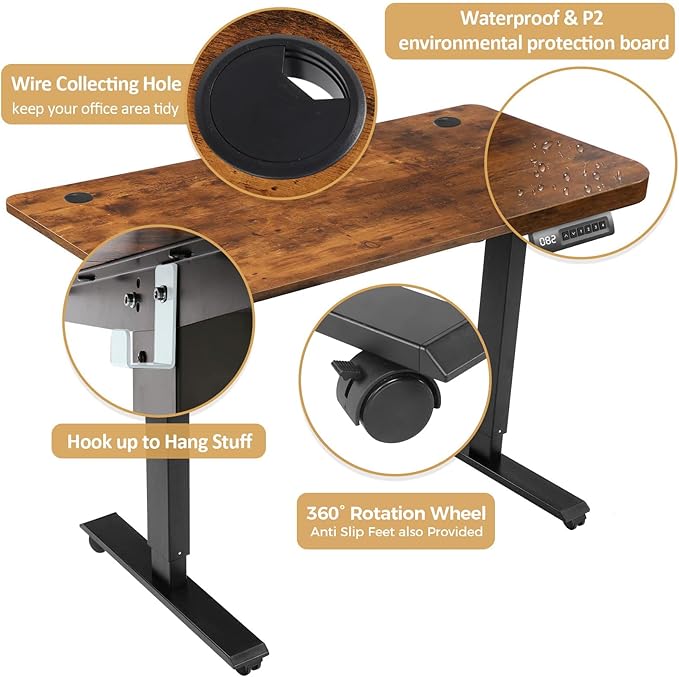 Electric Standing Desk, 48'' X 24'' Adjustable Height Desk, Ergonomic Home Office Computer Workstations, 27''-46'' Lifting Range Stand Up Desk with Wheels and Double Hooks, Easy to Move(Brown)