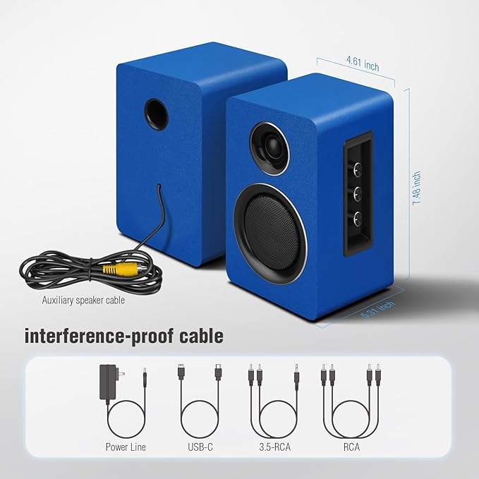 Computer Speakers for Desktop PC, Active Bookshelf Speaker with 3‘’ Carbon Fiber Woofer and Silk Film Tweeter ,Supports Bluetooth 5.3, USB-C, AUX/RCA Input for Record Player TV - Blue Stereo Set