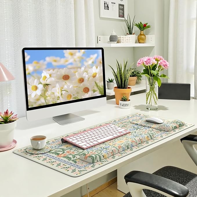 iLeadon Green Floral Desk Cover Mat, Computer Mouse Pad and Keyboard Wrist Rest, Non-Slip Base Keyboard Wrist Rest and Mouse Pad Set, Office Desk Mat Cute for Women (Light Green)