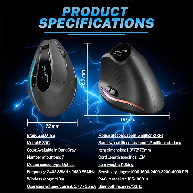 Gaming Mouse with Display, Wireless Vertical Ergonomic Mouse with Tri-Mode Connectivity, 7 Programmable RGB Buttons, 4000 DPI, Rechargeable for PC Laptop Mac