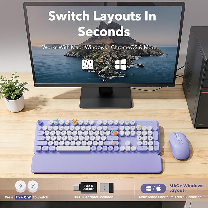 Wireless Keyboard and Mouse Combo, Cute Round Keycaps, Full-Size Retro Typewriter Keyboard with Detachable Wrist Rest, 2.4GHz Cordless Connection for Mac/Windows/PC/Laptop (Purple-Colorful)