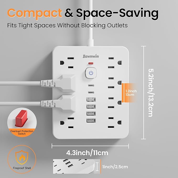 Surge Protector Power Strip - 8 Outlets(1250W/10A) 4 USB A(2 USB C, 6FT Flat Plug Extension Cord, Wall Mount Multi Plug Outlet Extender, ETL Listed for Home, Dorm Room
