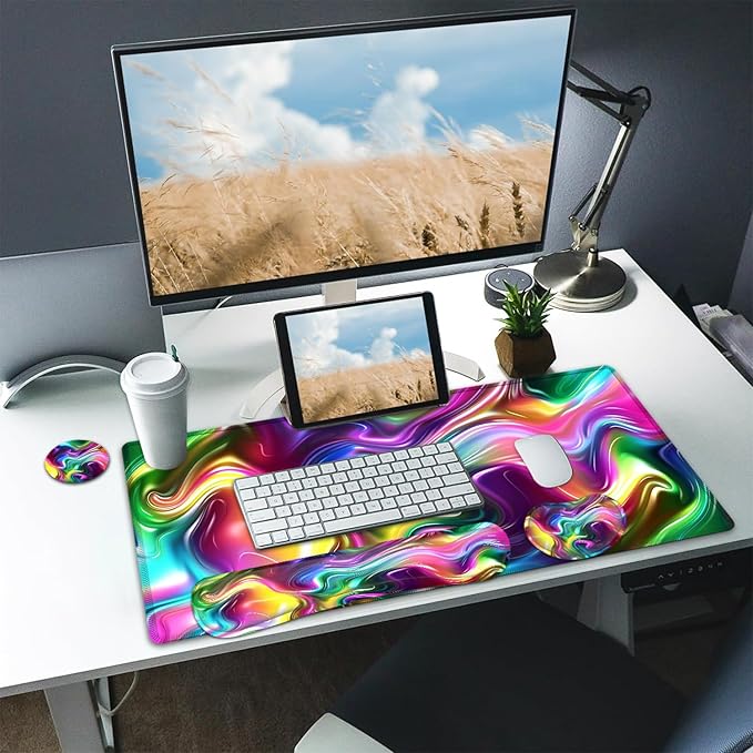Large Mouse pad and Keyboard Support Set, Ergonomic Memory Foam Keyboard Wrist Rest, Extended Gaming Mouse Pad with Stitched Edges, Colored Gilt XXL Desk Mat (31.5 X 11.8 in)