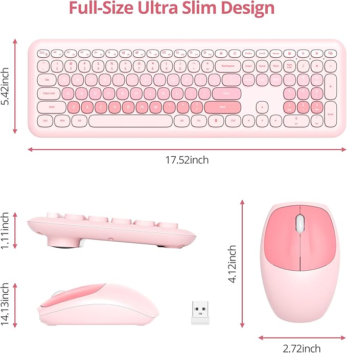 Surmen Cute Pink Keyboard and Mouse Wireless Silent, Full-Size Retro Typewriter Wireless Quiet Slim Keyboard Low-Noise 2.4GHz for Computer, Desktop, Laptop(6-Diary Pink)