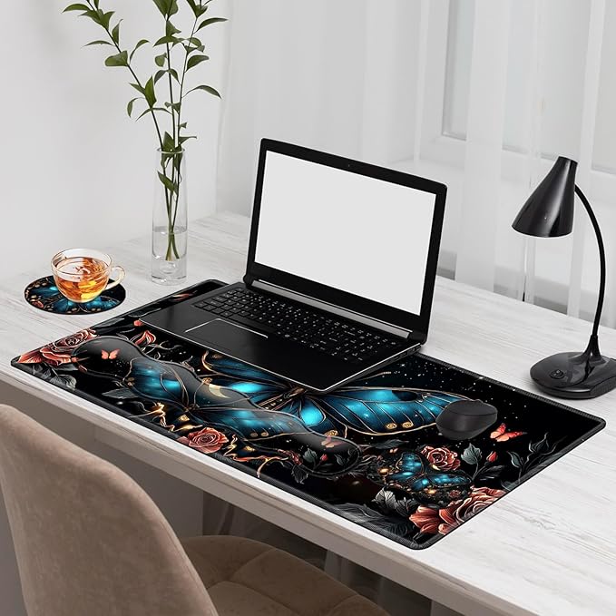 Gaming Mouse Pad Set, Butterfly Roses Moon Large Desk Mat Mousepad, Keyboard Wrist Support, Mouse Wrist Rest, Coaster 4in1 Ergonomic Memory Foam, Non-Slip Stitched Edge for Home Office