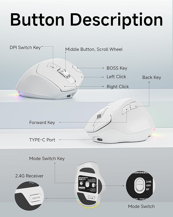 C2 Ergonomic Wireless Mouse, Rechargeable Bluetooth & 2.4G Dual Mode Computer Mouse with RGB, Quiet Clicks, 5 Adjustable 4000 DPI, Comfortable Grip for Laptop, PC, Mac, Office - White
