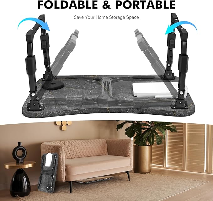 Lap Desk for Bed Adjustable Height, Foldable Bed Table with Storage Drawer, Tablet Slot & Cup Holder, Portable Laptop Stand for Bed & Sofa, Bed Desk for Adults & Kids, Deep Stone Color