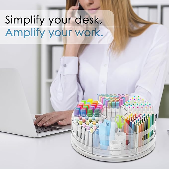2 Packs Pen Organizer for Desk - Acrylic Pen Holder with Hand Grips, 360° Extra Large Rotating Desk Organizer with 7 Removable Compartments for Office, Home, and Makeup Storage