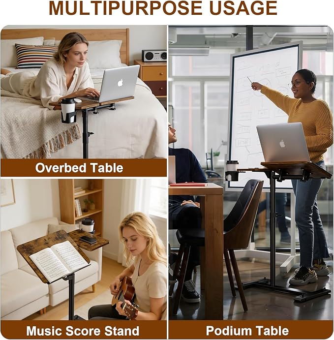 Aothia Small Standing Desk Rolling Table Adjustable Height, Laptop Mobile Stand with Wheels, Overbed Table, Portable Computer Workstation with Tiltable Desktop for Teacher Classroom Home Office, Brown