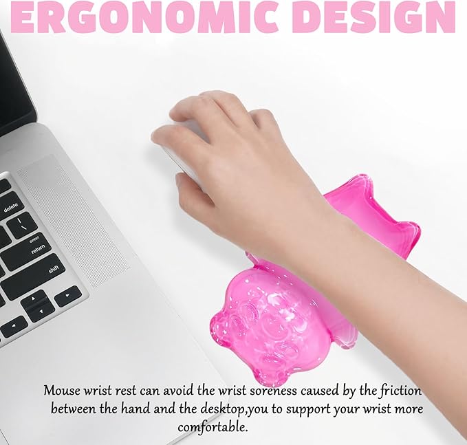 Gel Wrist Rest for Keyboard and Mouse Transparent Pink Bear Elbow Pad Cushion Ergonomic Cute Clear Cool Mouse Wrist Pad Silicone Non-Slip Support for Computer Gaming Home Office Hand Pillow