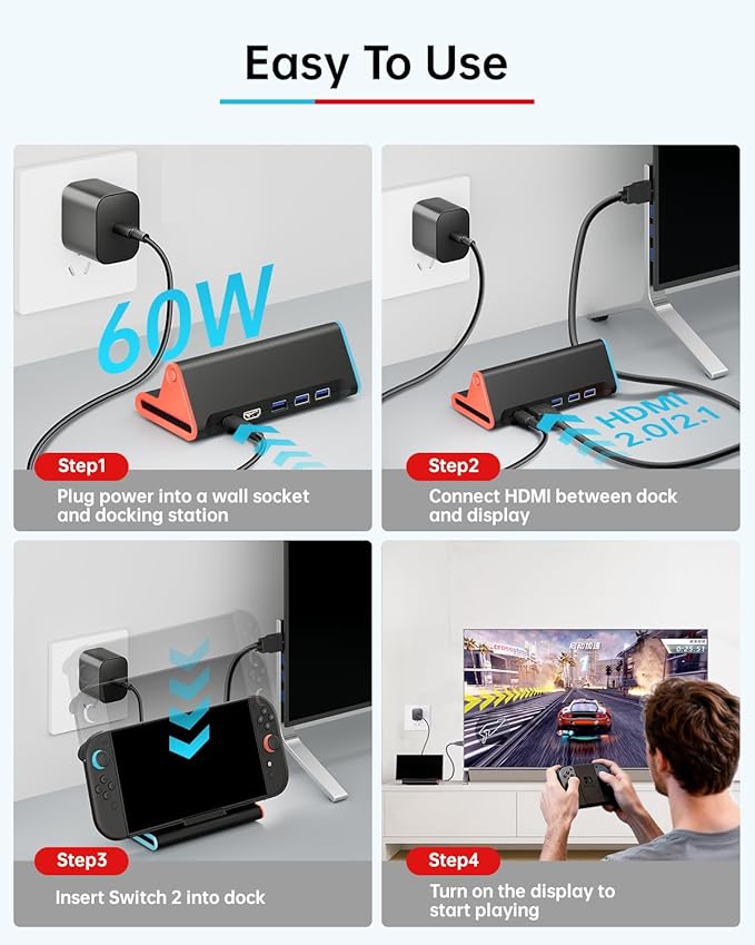 Switch 2 Dock with HDMI & 60W Charging Cable, 4K Portable Docking Station for Nintendo Switch2 Game Console, Travel Stand Base Connector Accessories Set (TV Adapter, 3 USB Ports, PD Power Input)