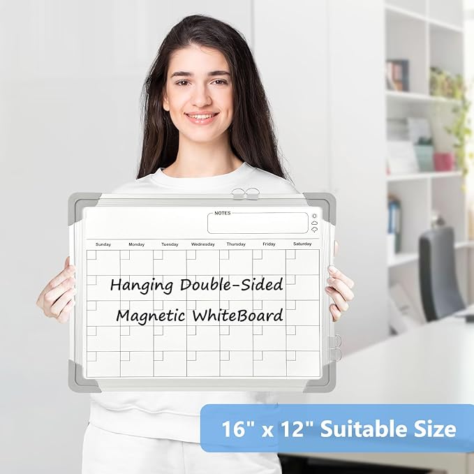 Double-Sided White Board Calendar, 16" x 12" Dry Erase Calendar Small Whiteboard Calendar for Wall Magnetic Hanging Calendar Whiteboard for Drawing, Kitchen, Planning, Memo, Home, Office
