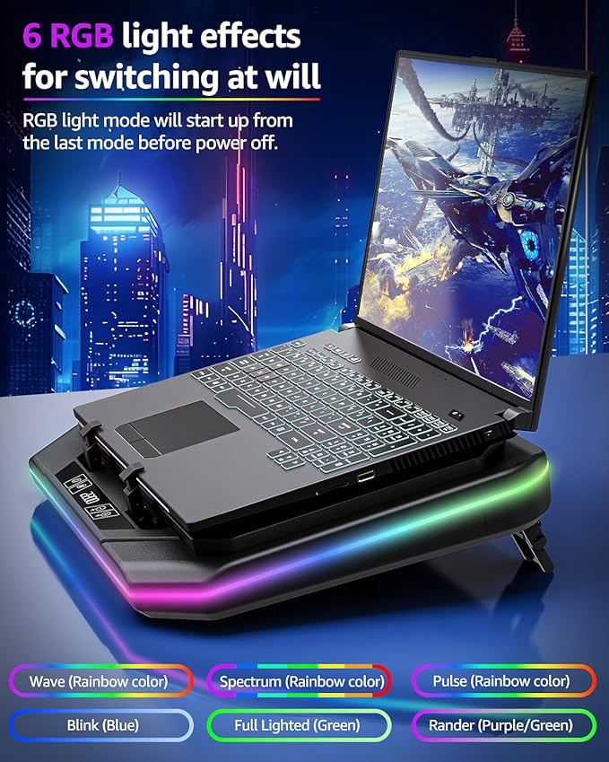 RGB Laptop Cooling Pad for 13-19", Max 3500RPM Gaming Laptop Cooler, Laptop Fan Cooling Pad Touch Switch to Control Speed, Powerful 4.72 Inch Turbo Fan