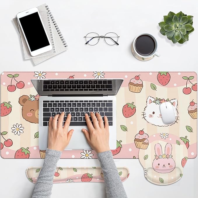 Arttown Kawaii Animal Desk Mat Strawberry Pink Mouse Pad Set 4 in 1 Ergonomic Design Large Mouse Pad + Keyboard Wrist Rest + Mouse Wrist Rest + Coaster Suitable for Home Office Study Game