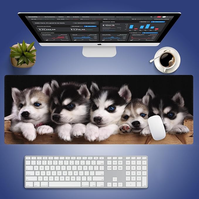 Extra Large Gaming Mouse Pad (31.5" x 11.8") with Durable Stitched Edges – Adorable Siberian Husky Puppies in Wooden Crate, Anti-Slip Rubber Base & Smooth Fabric Surface Extended XXL Desk Mat