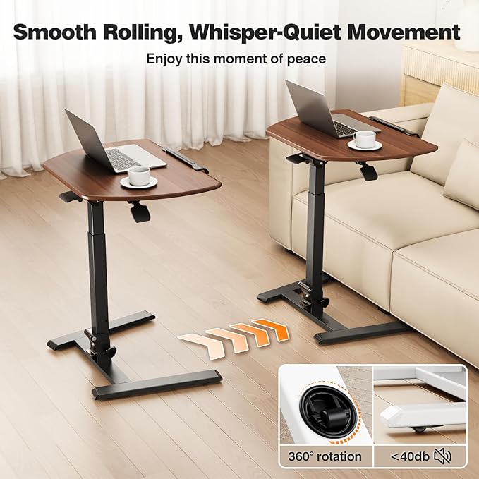 ROMOON Folding Portable Standing Desk with Wheels, No-Assembly Rolling Height-Adjustable Sit-Stand Table, Space-Saving Foldable Laptop Cart for Home Office and Computer Workstation (Walnut)