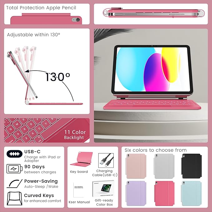 for iPad 11th(A16, 2025)/10th Generation Case with Keyboard, Magic Keyboard 2022, Springy Backlit Keys, Stain-Resistant Surface, Multi-Touch Trackpad, Hot Pink