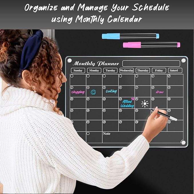 DIYMAG Magnetic Calendar for Refrigerator Dry Erase Whiteboard 15.2"x11.2" Magnet Fridge Monthly White Board Planning Acrylic Clear Chalkboard Apartment Decor Meal Planner with 3 Colors Markers