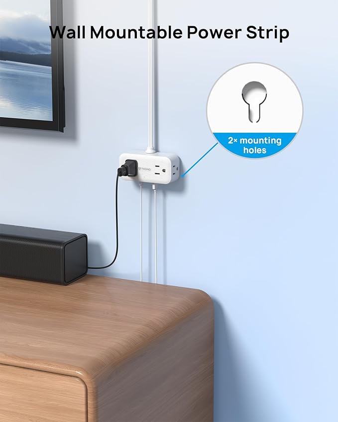 TROND 360° Rotating Flat Plug Power Strip, 3FT Extension Cord with 4 USB Ports, 4 Wide Spaced AC Outlets, Wall Mount, 900J Surge Protector for Office Travel Dorm Room Essentials, White