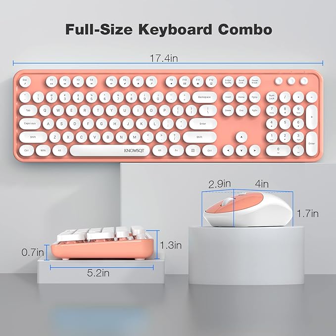 KNOWSQT Wireless Keyboard and Mouse Combo - White-Orange Full-Sized 2.4 GHz 104 Keys Typewriter Keyboard, Flexible Round Keycap and Optical Mouse for Windows, Computer, PC, Laptop, Desktop, Mac