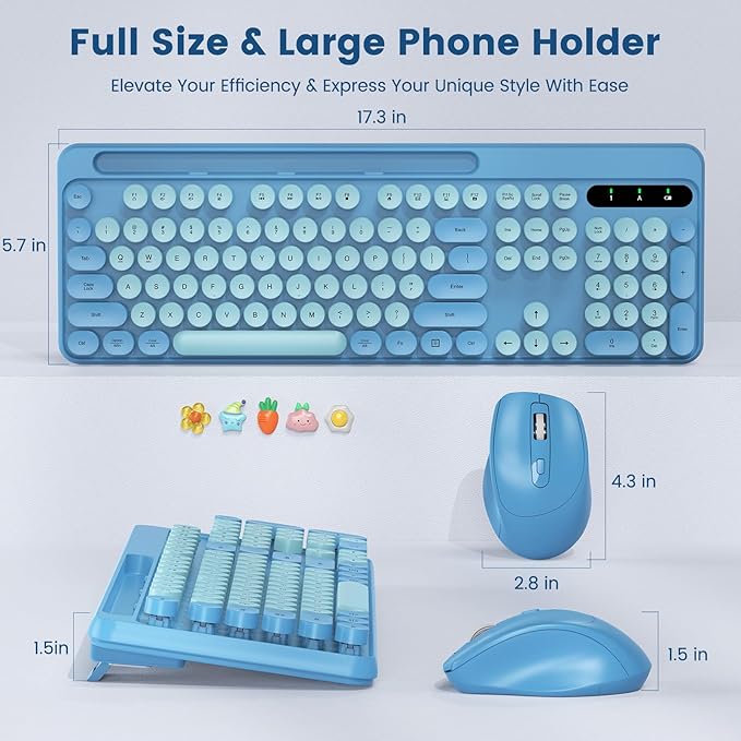 Wireless Keyboard and Mouse Combo, Retro Round Keycaps, Full-Size Stylish Typewriter Keyboard with Phone/Tablet Holder, Ergonomic Mouse with 3-Level DPI, 2.4GHz Connection for Windows/PC (Sky Blue)