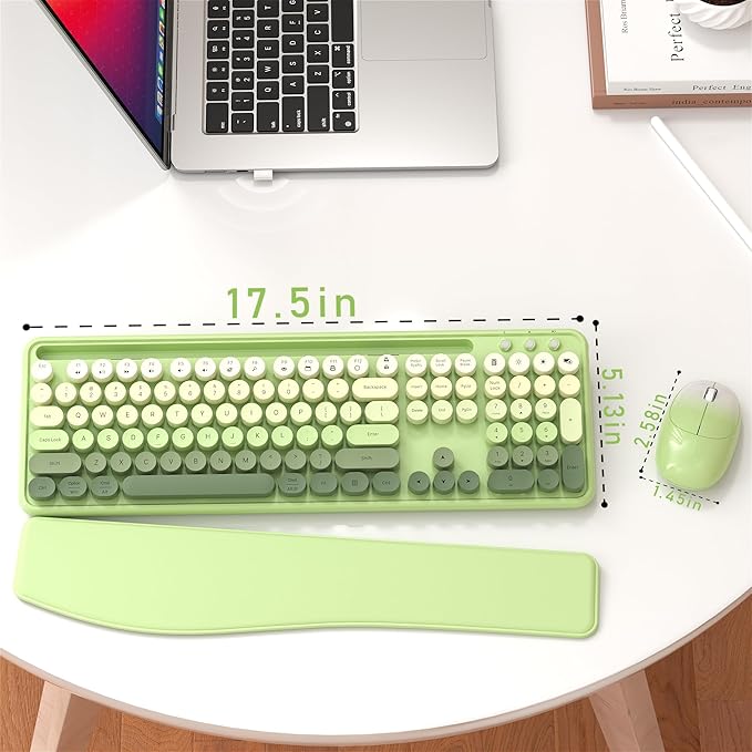 Colorful Wireless Computer Keyboard and Mouse Combo with Phone Holder, Wrist Rest, Typewriter Keys, 2.4GHz Wireless, Full-Sized Optical Mouse for PC and Laptop(Green Colorful)