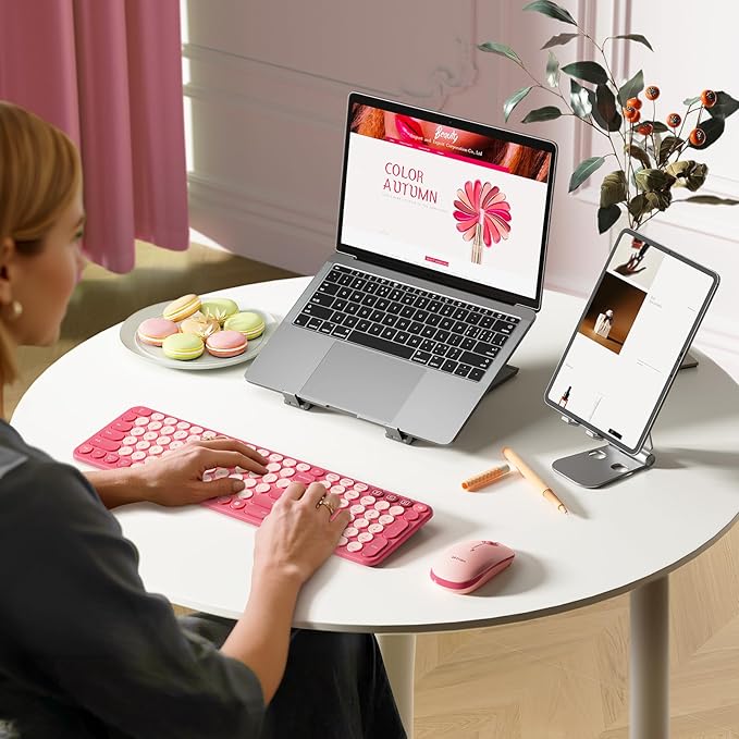 seenda Wireless Bluetooth Keyboard and Mouse Combo, COE202 Retro Cute Round Keycaps, 3 Multi-Device Connection, Full Size Keyboard Compatible for PC/Laptop/Mac/MacBook/iPad/Tablet, Pink