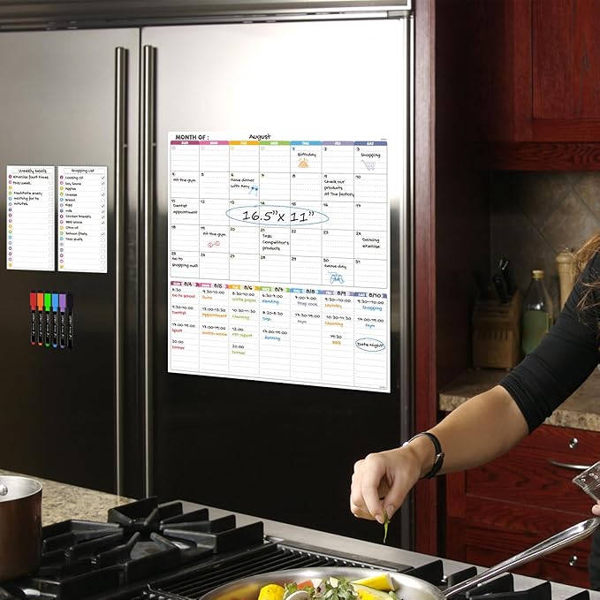 JJPRO Magnetic Dry Erase Monthly Calendar Set for Fridge-Reusable Monthly Calendar,Weekly Planner&Lists for Refrigerator-Starts Sunday-Magnetic Multicolor Monthly Planner Bundle-16.5x11"