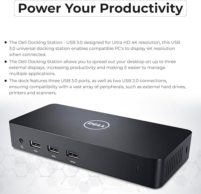 D3100 Dell Dock USB 3.0 Ultra HD/4K Triple Display - 1 Year Warranty with 65W Power Adapter + HDMI Cable + Display Port Cable + USB 3.0 Cable + Microfiber Cloth Included (Renewed)