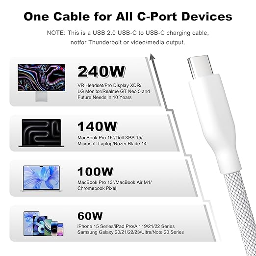 Long USB C Cable 6.6FT, 240W USB C to C Cable Fast Charging Cable, Type-C Charger Cord Compatible with iPhone16/15 Pro Max, Galaxy S25/S24, MacBook Pro/Air, iPad, Laptop, Nintendo Switch 2 & More