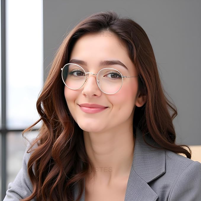 HJSTES Round Blue Light Glasses for Women Men Retro Circle Clear Lens Metal Frame Eyeglasses