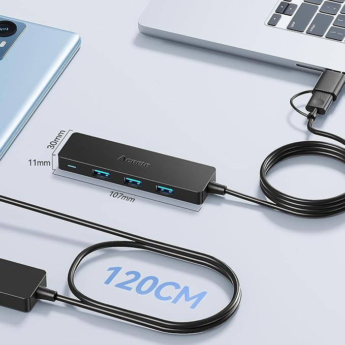 Aceele USB C/A Hub for Laptop, Ultra Slim USB Splitter 4 Port USB 3.0 Data Hub, Multi USB Port Expander with 4Ft Long Extension Cable for Desktop Mini PC,MacBook Air/Pro, iMac, PS5, Flash Drive