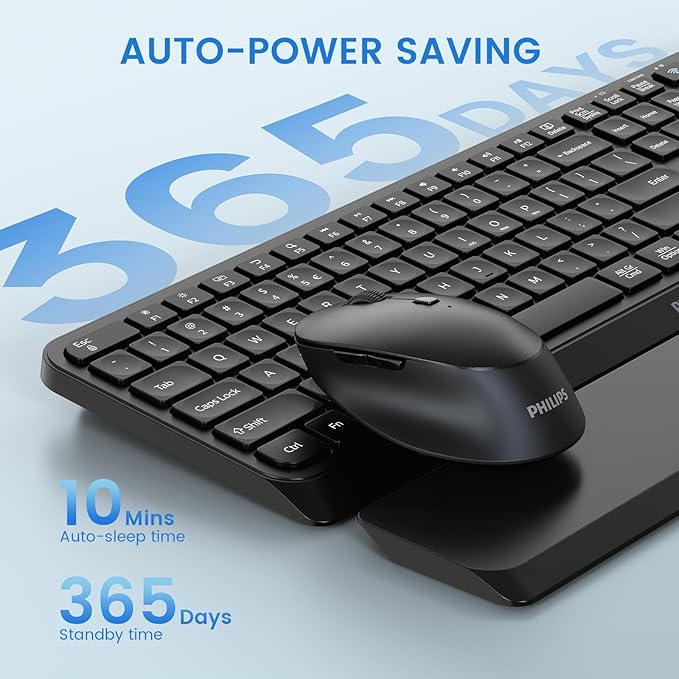 PHILIPS Bluetooth Keyboard and Mouse Combo, Ergonomic Design with Wrist Rest for Computer Keyboard, Bluetooth/2.4Ghz 3-Device Connectivity, Wireless Keyboard and Mouse Set for Windows/Android, Black