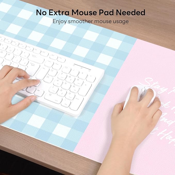 Checkered Pattern Desk Pad Protector, 35.5 x 13'' Aesthetic Mouse Mat for Desktop, Waterproof PU Leathe Non-Slip Desk Writing Pad for Office and Home, Blue and Pink