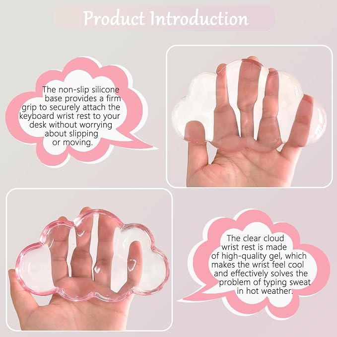 Gel Cloud Wrist Rest for Keyboard and Mouse Gradient Light Pink Clear Keyboard Wrist Rest Transparent Ergonomic Cute Cool Mouse Wrist Pad Silicone Non-Slip Wrist Pad for Computer Gaming Laptop Office